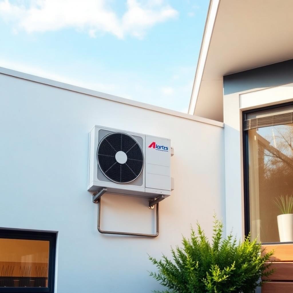Unidad exterior de aerotermia instalada en vivienda moderna
