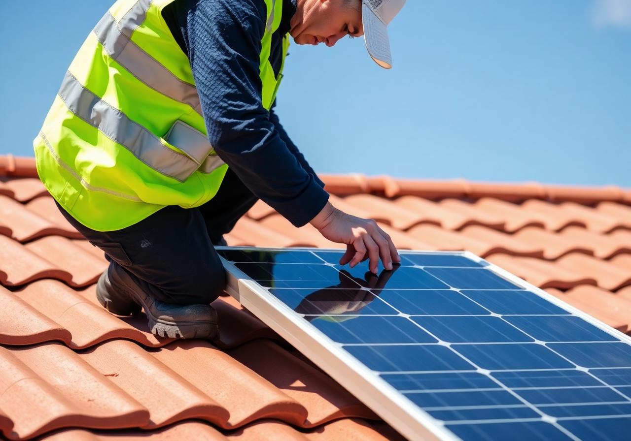 Técnico instalando placa solar
